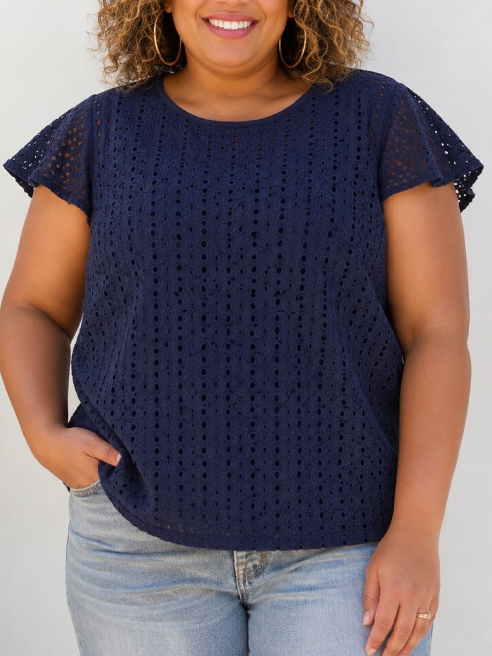 EUC Size 18/20 Lane Bryant Women’s Navy Eyelet Short-Sleeve Top